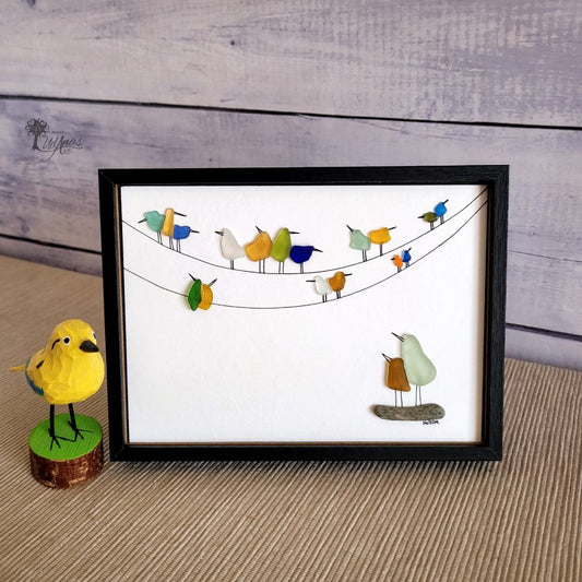 Cuadro Conectados, reciclaje artesanal con cristales de mar, sobremesa, horizontal, 13 x 18 cm.