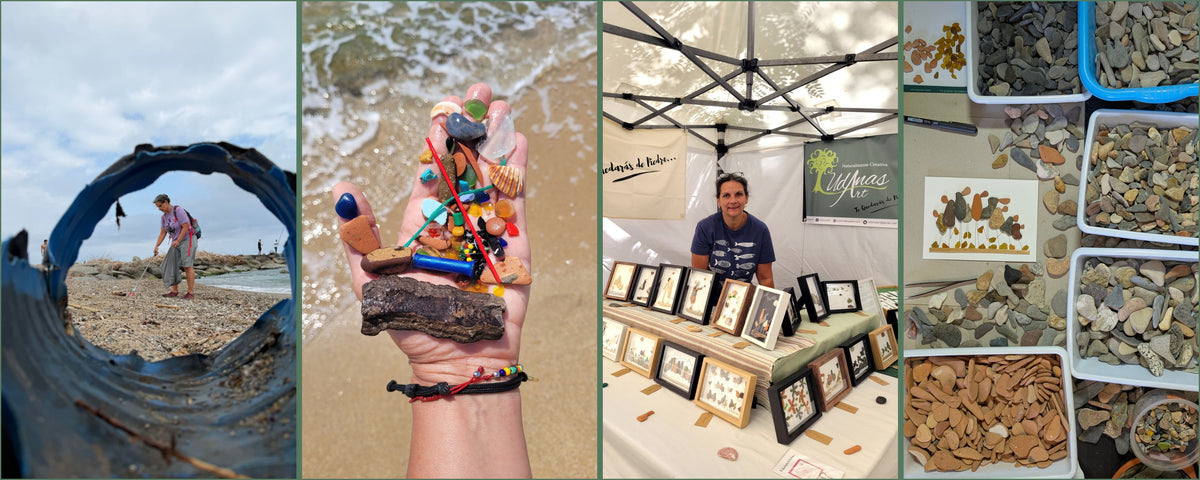 Banner con collage de UdanasArt con limpieza de playa, piedras y materiales recuperados, Natalia con sus cuadros, proceso creativo y obras terminadas en Barcelona.