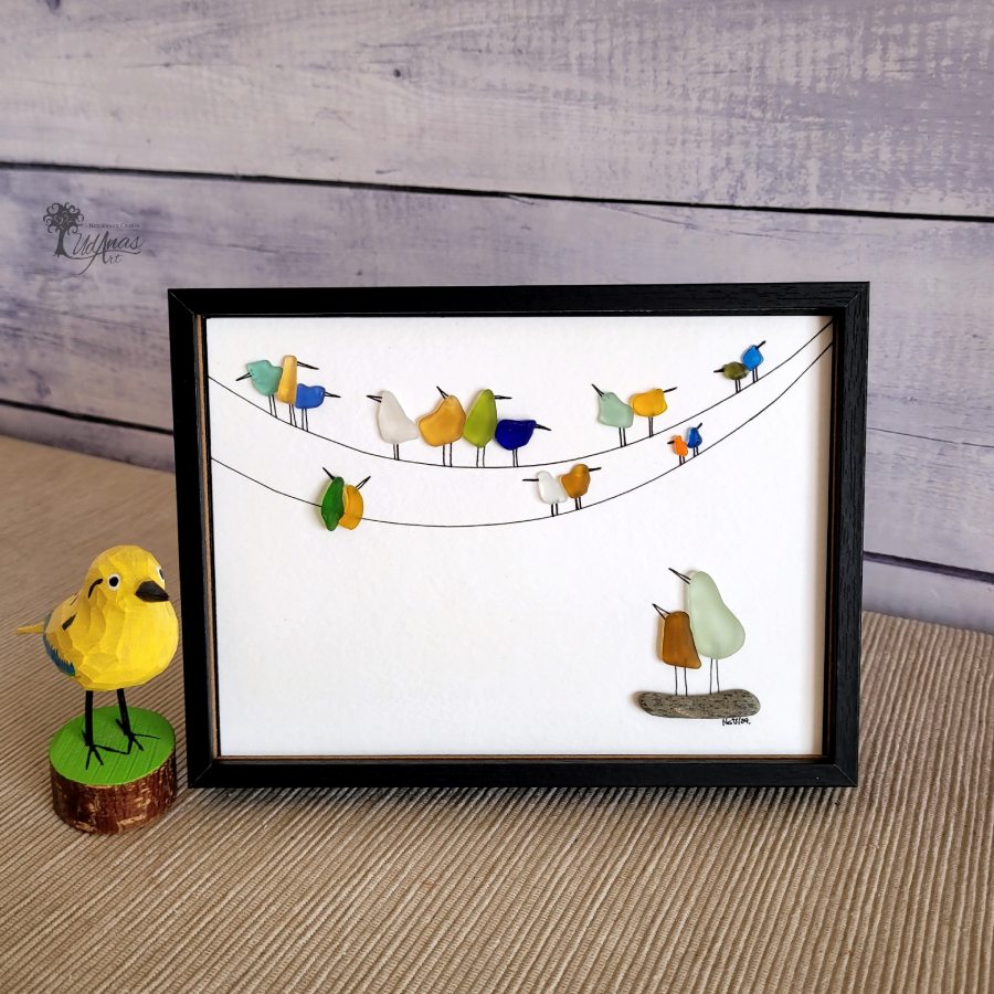 Cuadro Conectados, reciclaje artesanal con cristales de mar, sobremesa, horizontal, 13 x 18 cm.