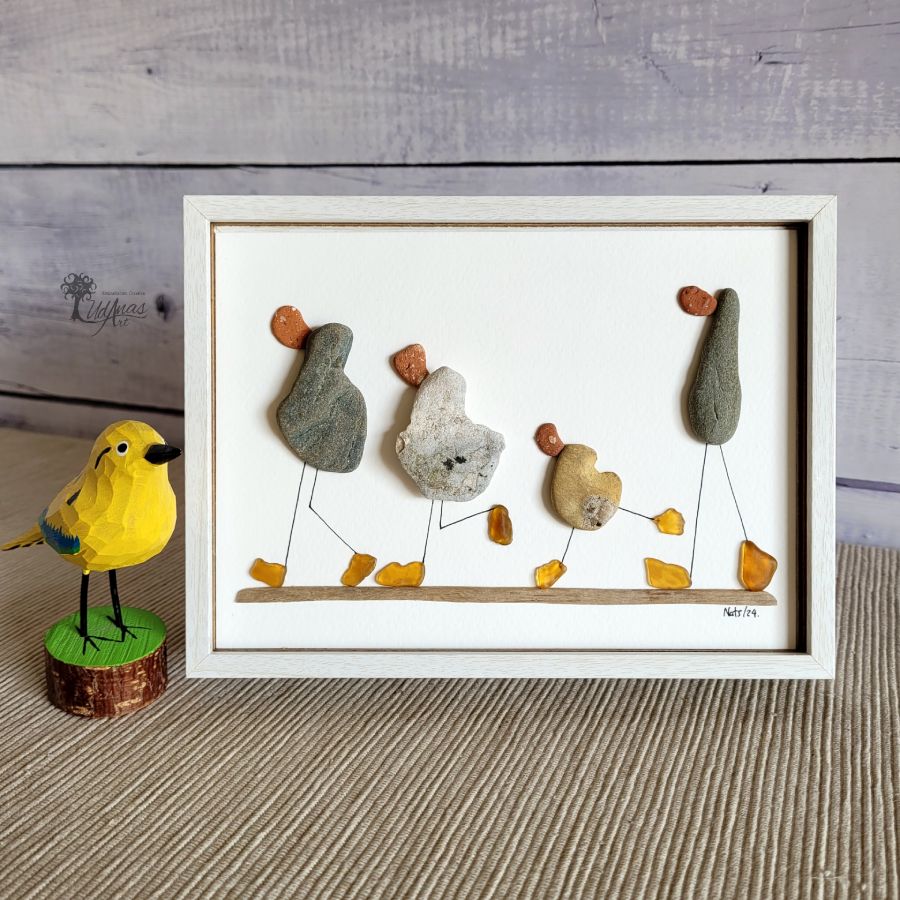 Cuadro "Cuack, cuack", reciclaje artesanal con piedras, para sobremesa, horizontal, 13 x 18 cm