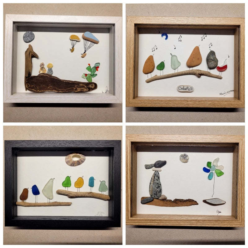 Collage de cuadros de arte con piedras creados por alumnas en talleres de UdanasArt Barcelona
