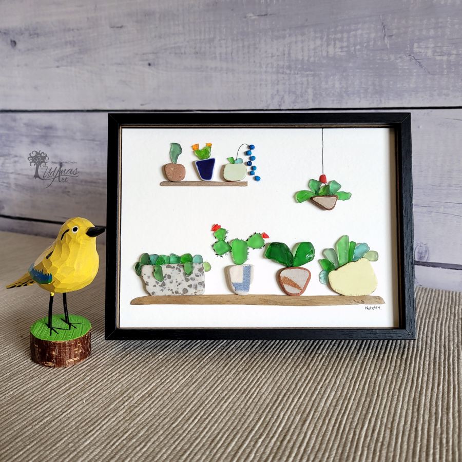 "El Jardín", cuadro de reciclaje artesanal con vidrios marinos, sobremesa, horizontal, 13 x 18 cm. 