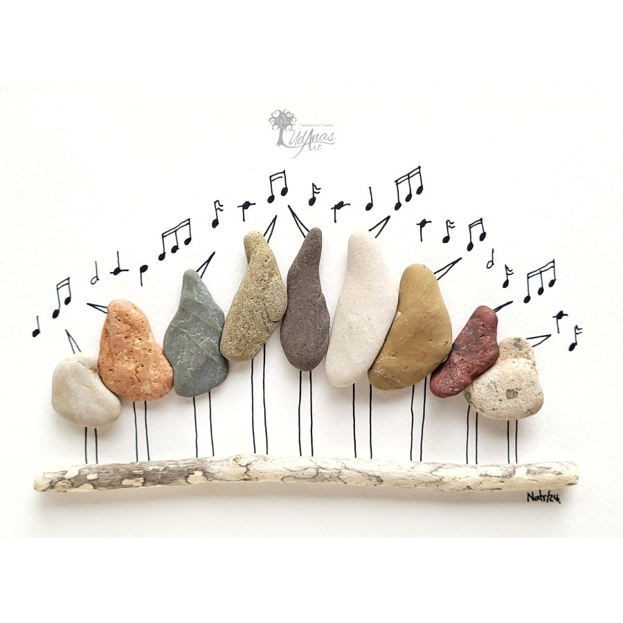 Cuadro "Las Sopranos", pájaros cantando música coral, primer plano, fondo blanco.