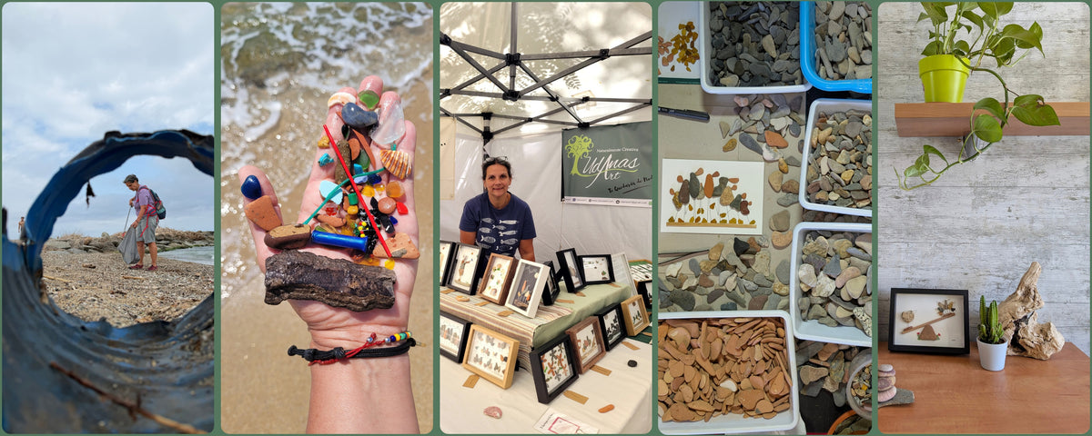 Baner con collage de UdanasArt con limpieza de playa, piedras y materiales recuperados, Natalia con sus cuadros, proceso creativo y obras terminadas en Barcelona.